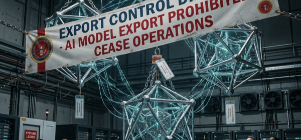 Security staff overseeing large suspended AI model structures with export prohibition banner