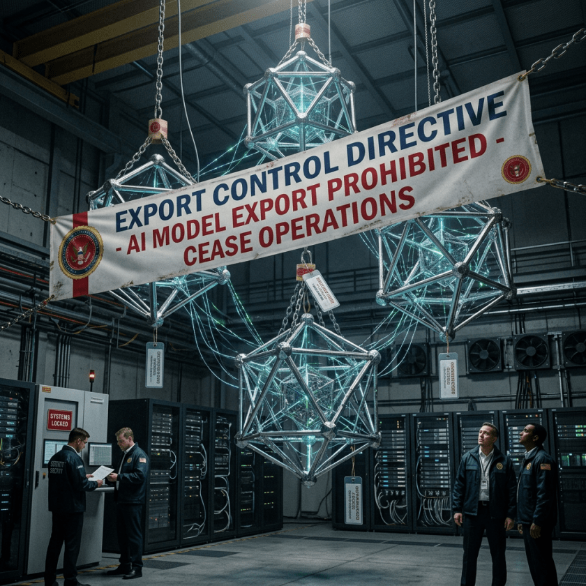 Security staff overseeing large suspended AI model structures with export prohibition banner