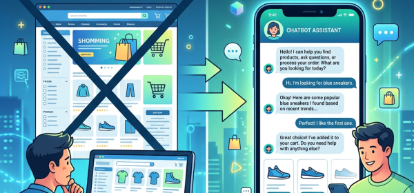 Illustration comparing traditional retail websites crossed out to conversational shopping using a chatbot assistant on mobile devices