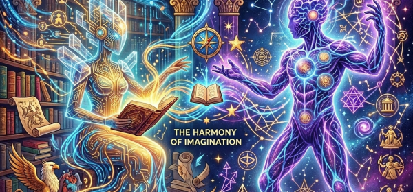 Fantasy scene showing a glowing female figure with books and mythical creatures on the left titled Fable 5, and a glowing male figure with cosmic symbols on the right titled Mythos 5, representing creativity and mythology