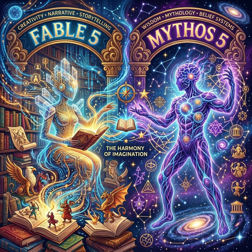 Fantasy scene showing a glowing female figure with books and mythical creatures on the left titled Fable 5, and a glowing male figure with cosmic symbols on the right titled Mythos 5, representing creativity and mythology