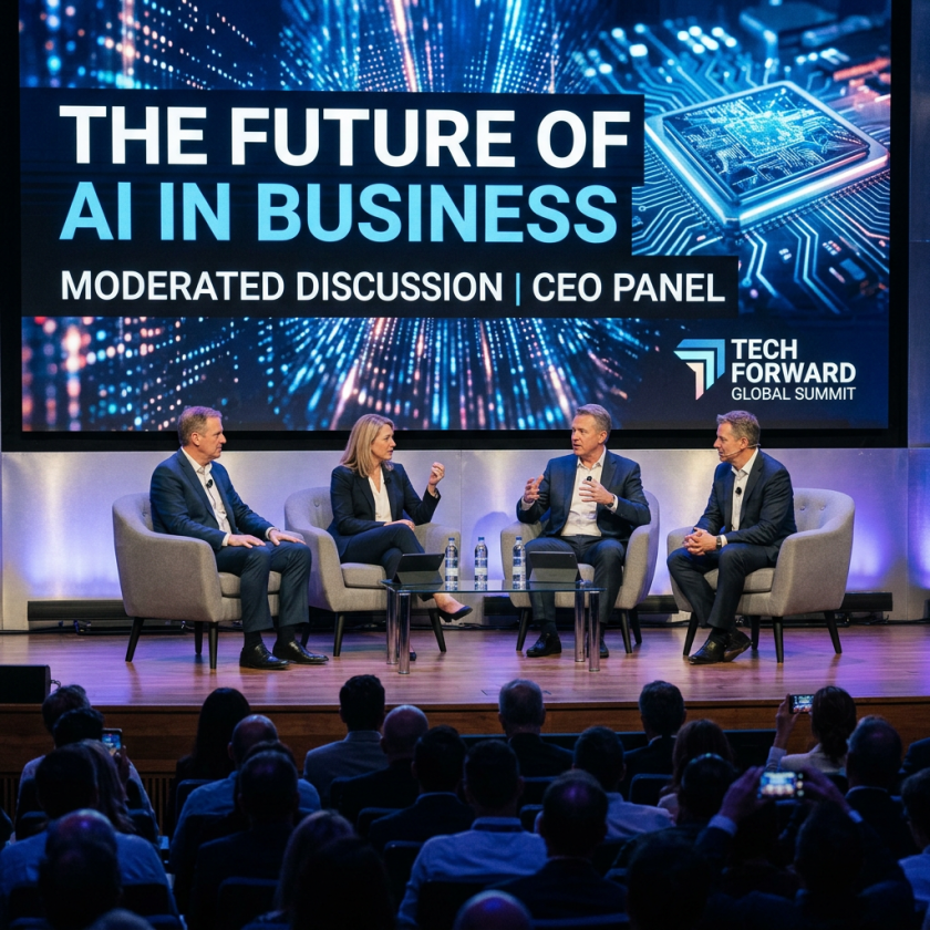 Four CEOs participating in a moderated discussion panel on AI in business with digital circuit background