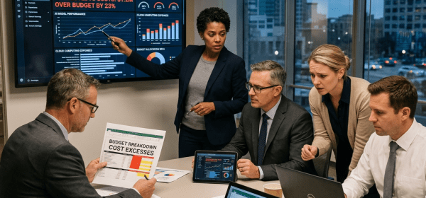 Five professionals in a meeting room discussing AI-related budget cost overruns with charts and graphs displayed on screen and printed reports
