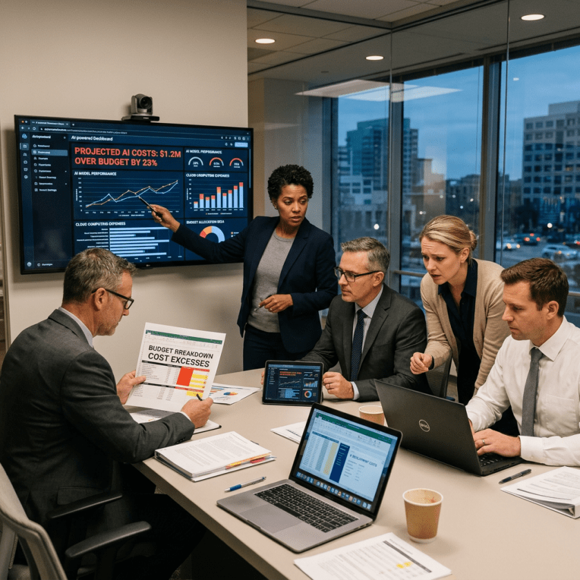 Five professionals in a meeting room discussing AI-related budget cost overruns with charts and graphs displayed on screen and printed reports