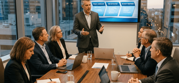Business meeting with six people discussing cyber risk management framework presentation