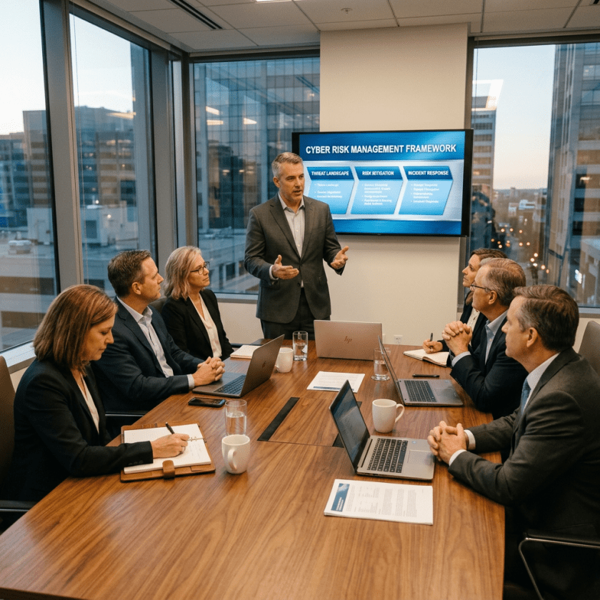 Business meeting with six people discussing cyber risk management framework presentation