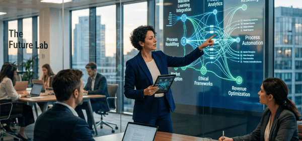 Businesswoman presenting AI transformation roadmap on transparent screen to colleagues in meeting room