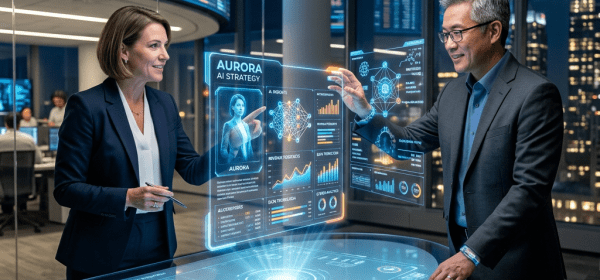 Two business professionals interacting with a digital touchscreen table displaying AI strategy data and charts