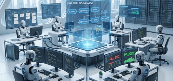 Robots working at computer stations monitoring software development and CI/CD pipeline with holographic display
