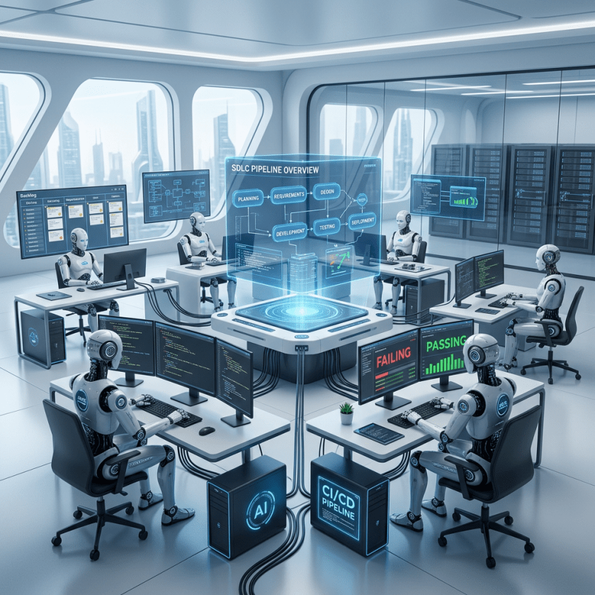 Robots working at computer stations monitoring software development and CI/CD pipeline with holographic display