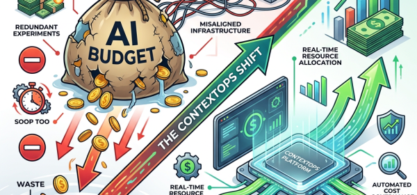 AI budget draining from broken bag into waste versus ContextOps platform optimizing resource allocation and maximizing value