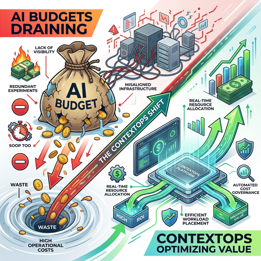 AI budget draining from broken bag into waste versus ContextOps platform optimizing resource allocation and maximizing value