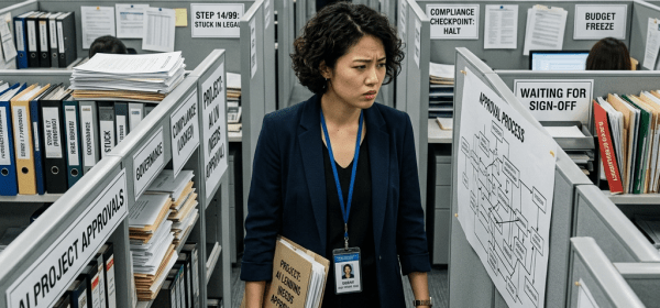 Woman holding folders labeled 'project needing approval' walking through cluttered office cubicles with signs about approval steps and red tape