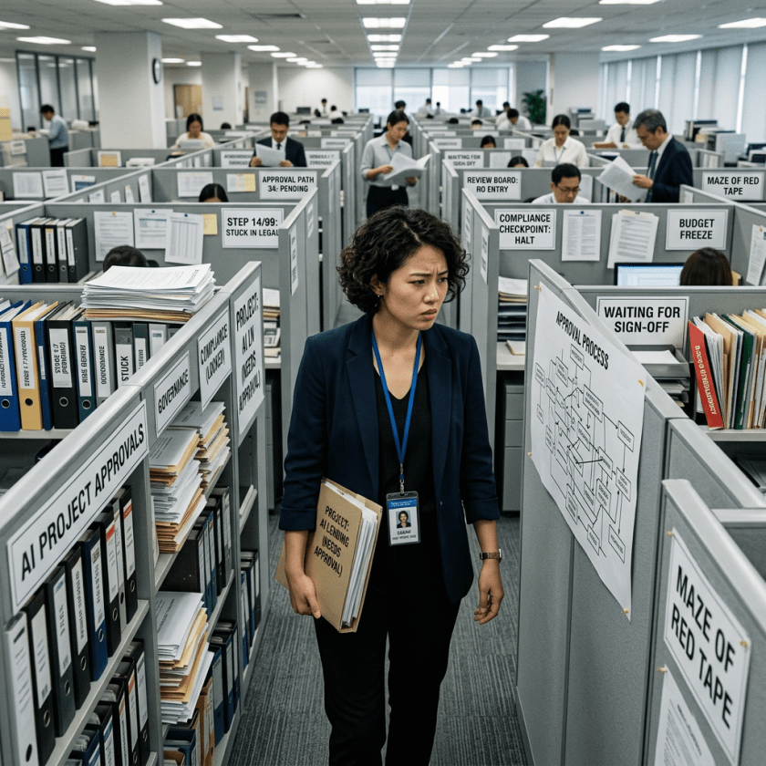 Woman holding folders labeled 'project needing approval' walking through cluttered office cubicles with signs about approval steps and red tape