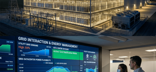 Two people analyzing energy management and grid interaction data on large screens in a control room