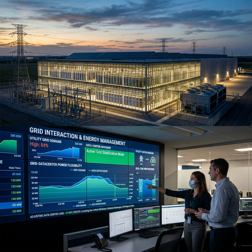 Two people analyzing energy management and grid interaction data on large screens in a control room