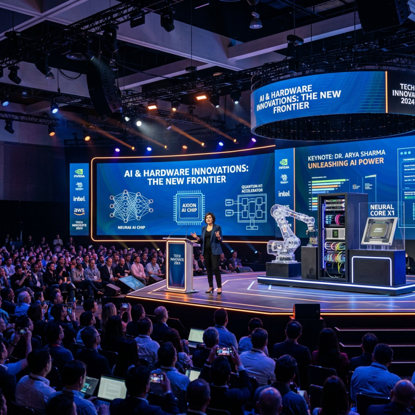 Speaker on stage presenting AI hardware innovations to conference audience