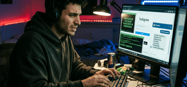 Young man with headphones typing on keyboard in front of computer showing Instagram hack screen
