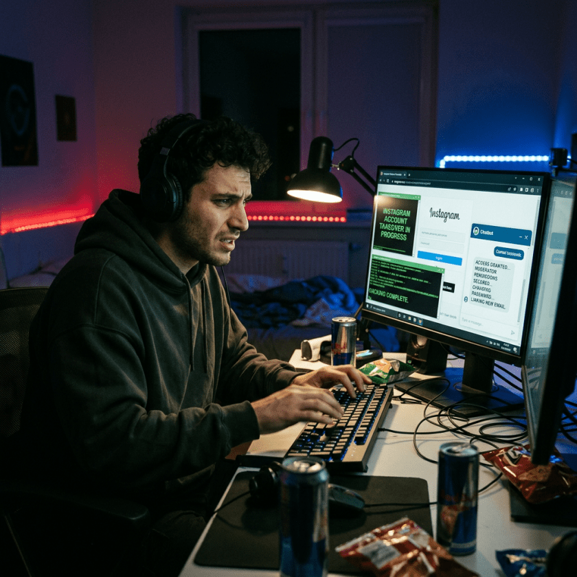Young man with headphones typing on keyboard in front of computer showing Instagram hack screen