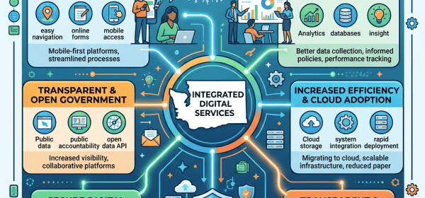 Infographic showing Washington state digital government modernization with components like improved citizen experience, data-driven decision making, transparent government, secure digital infrastructure, and increased cloud adoption.