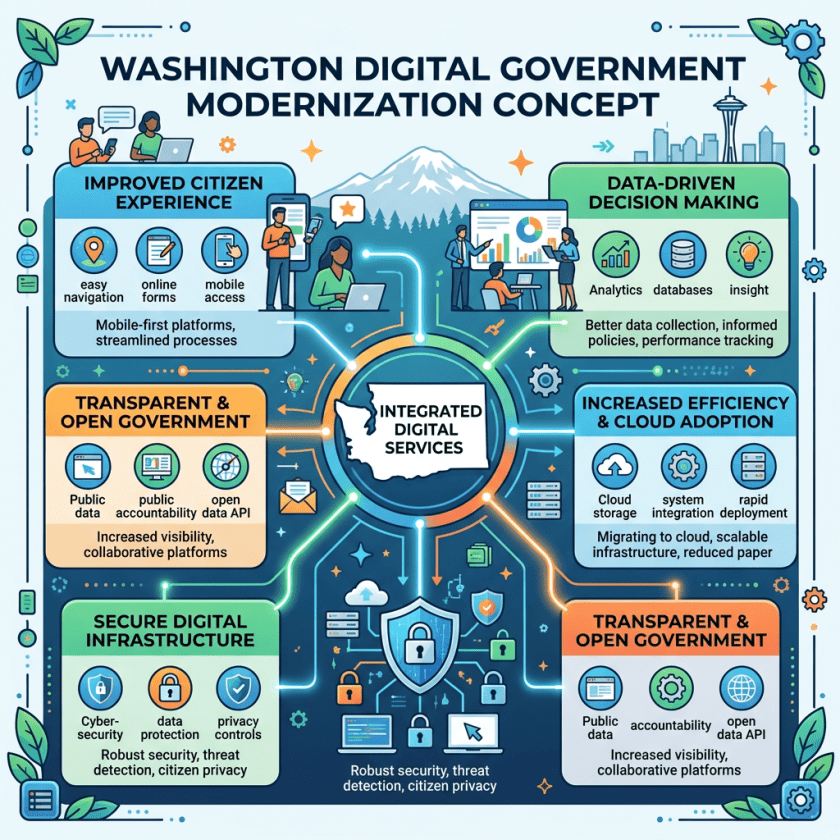 Infographic showing Washington state digital government modernization with components like improved citizen experience, data-driven decision making, transparent government, secure digital infrastructure, and increased cloud adoption.
