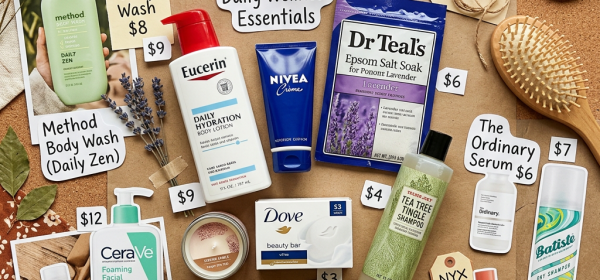 Various affordable self-care products including body wash, lotion, soap, shampoo, serum, gloss, candle, and accessories with price tags and labels