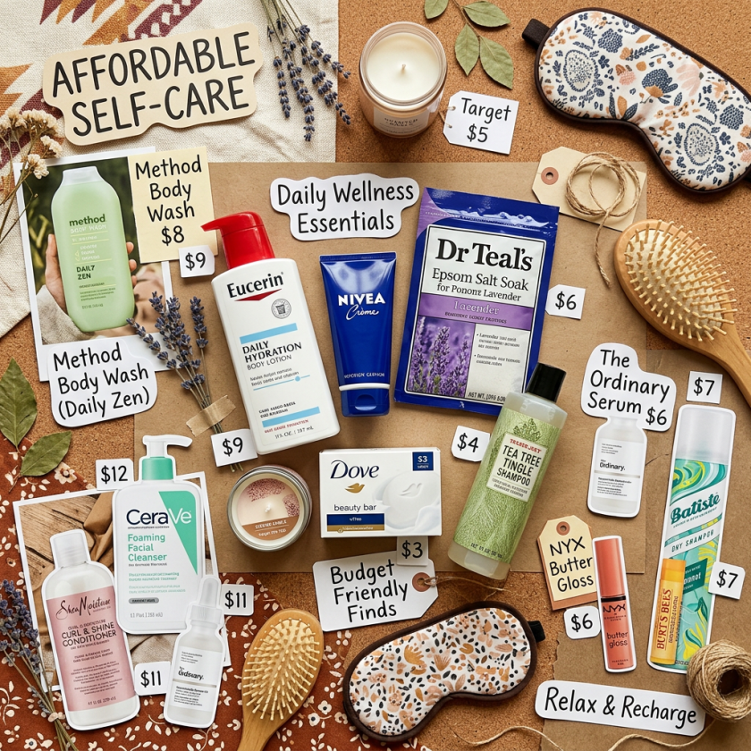 Various affordable self-care products including body wash, lotion, soap, shampoo, serum, gloss, candle, and accessories with price tags and labels