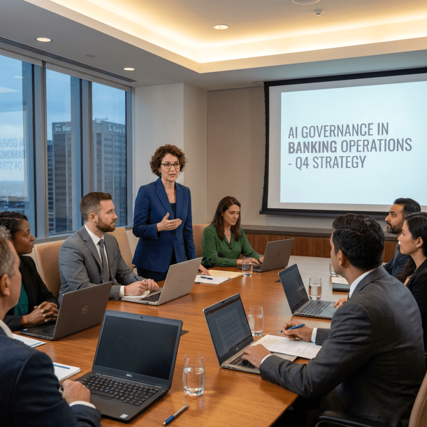 Business meeting about AI governance in banking operations with laptops and presentation