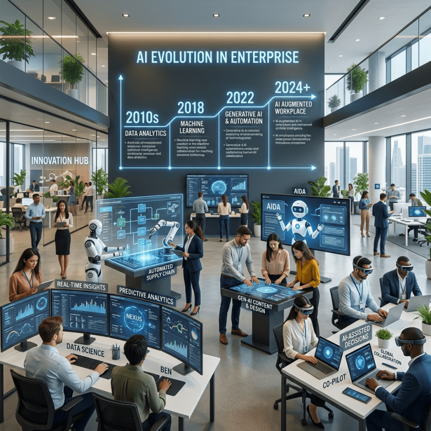 Office showing AI evolution timeline from 2010s to 2024+ with people working on AI technology and data analytics