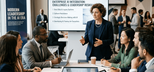 Business meeting discussing enterprise AI integration challenges and leadership reskilling