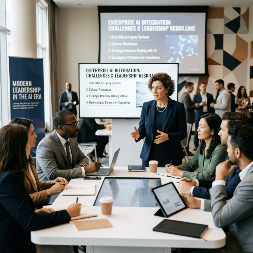 Business meeting discussing enterprise AI integration challenges and leadership reskilling