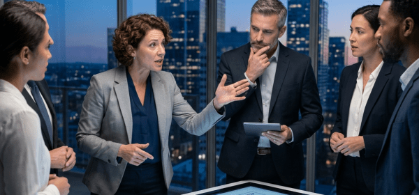 Five business professionals discussing governance framework around a digital interactive table