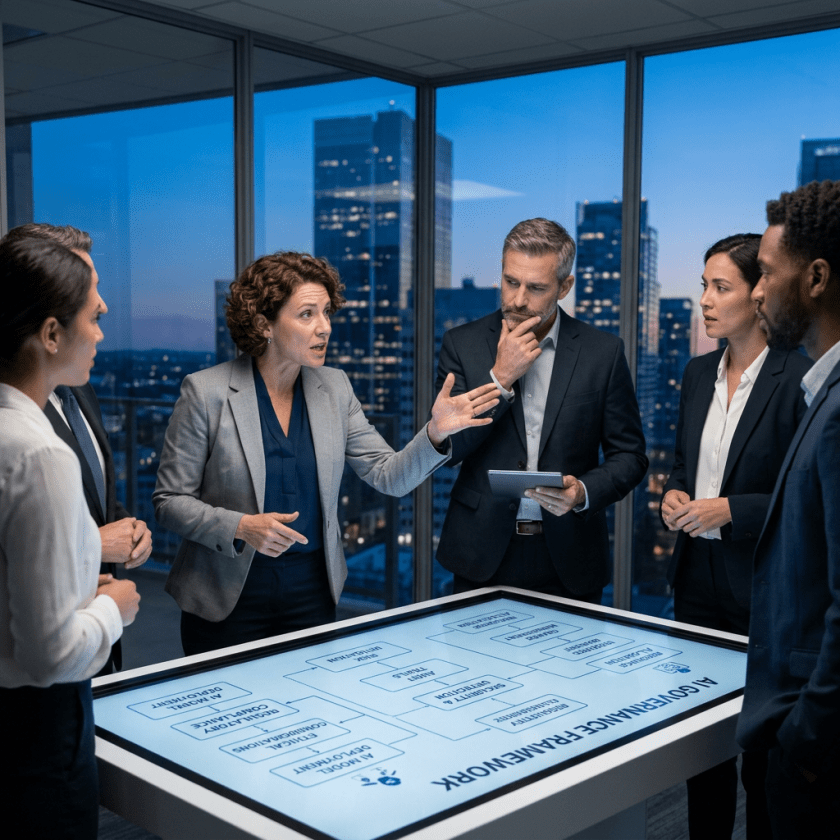 Five business professionals discussing governance framework around a digital interactive table