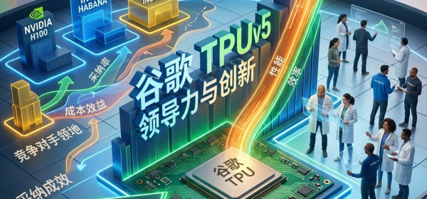 Google TPU chip surrounded by arrows showing leadership in AI training, performance, and efficiency compared to competitors NVIDIA, Intel, and AMD.