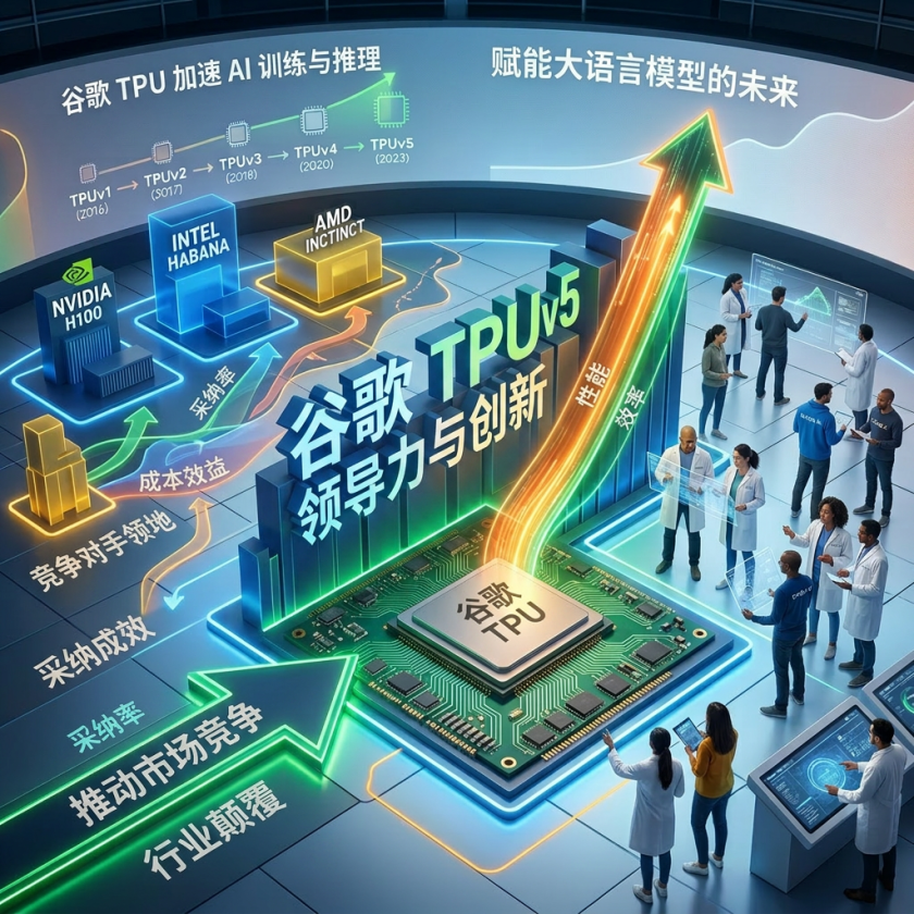 Google TPU chip surrounded by arrows showing leadership in AI training, performance, and efficiency compared to competitors NVIDIA, Intel, and AMD.