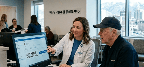 Healthcare professional showing AI prescription recommendation on computer to elderly patient