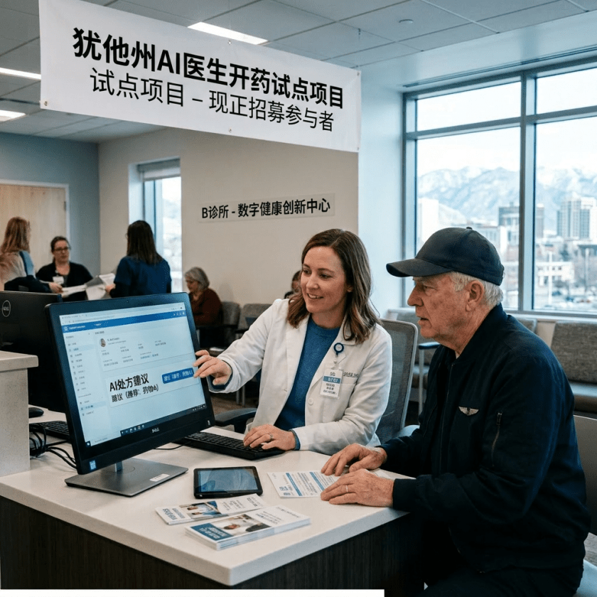 Healthcare professional showing AI prescription recommendation on computer to elderly patient