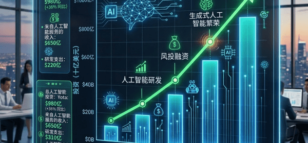 Line and bar chart showing AI investment growth from $15B in 2020 to $98B in 2024 with key milestones