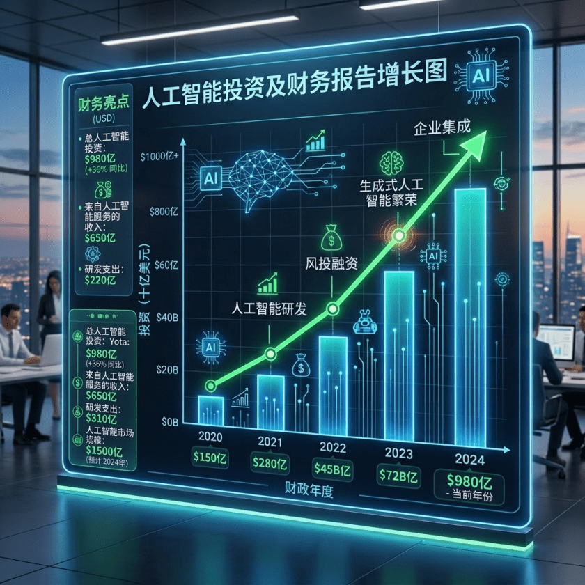 Line and bar chart showing AI investment growth from $15B in 2020 to $98B in 2024 with key milestones
