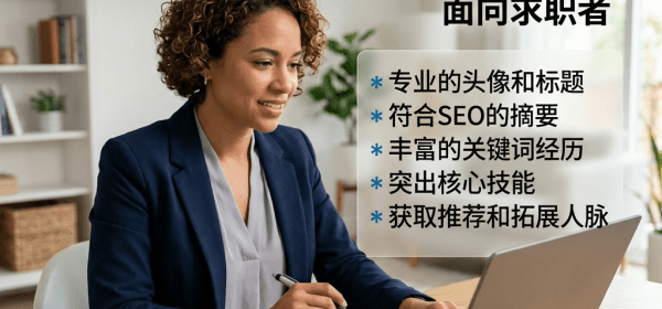 Woman working on laptop with LinkedIn profile optimization tips listed