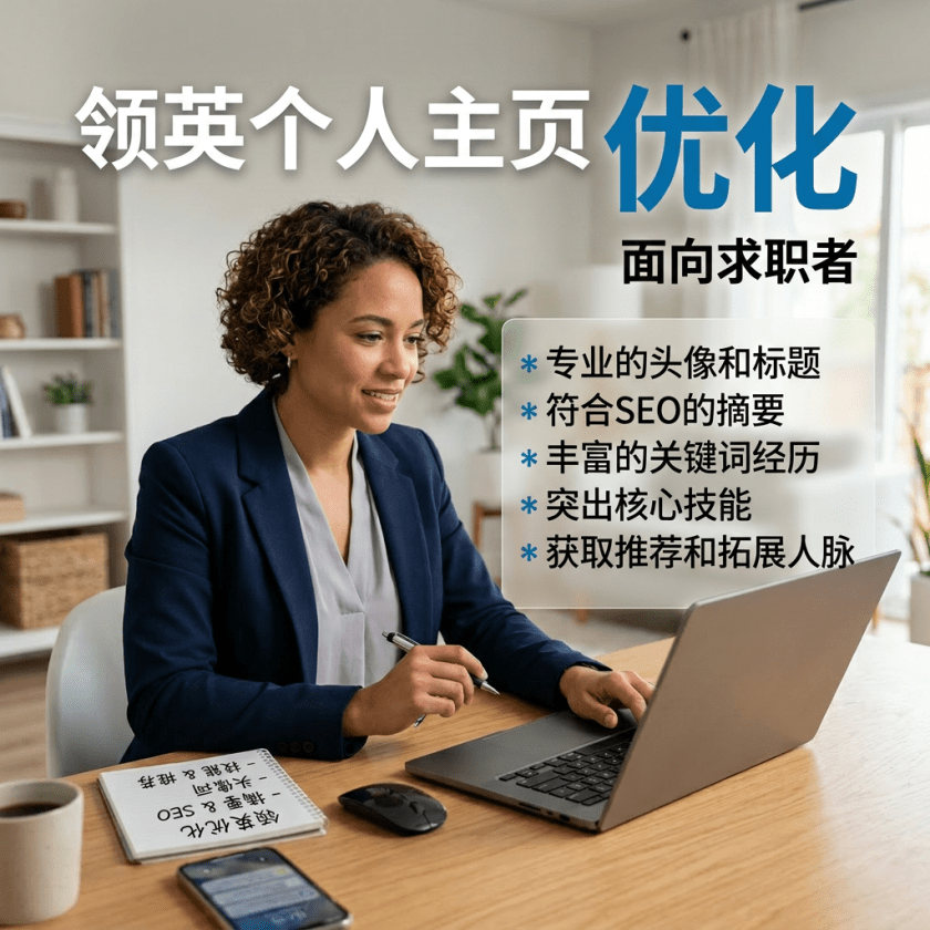 Woman working on laptop with LinkedIn profile optimization tips listed