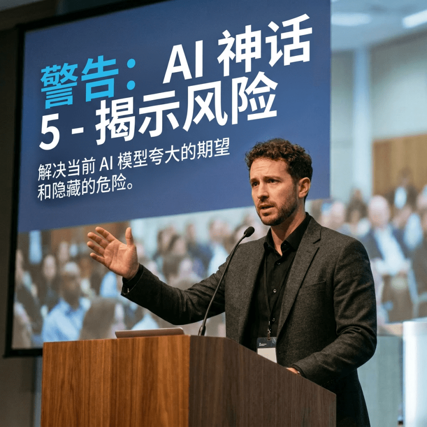Speaker presenting on AI myths and risks at a conference podium
