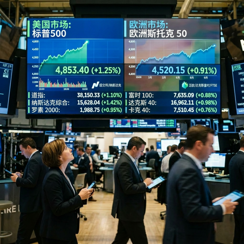 Stock market indices for S&P 500 and Euro Stoxx 50 with positive gains displayed