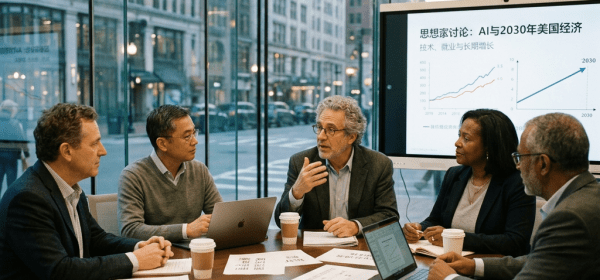Five professionals in a meeting room discussing AI economic projections with charts on a screen