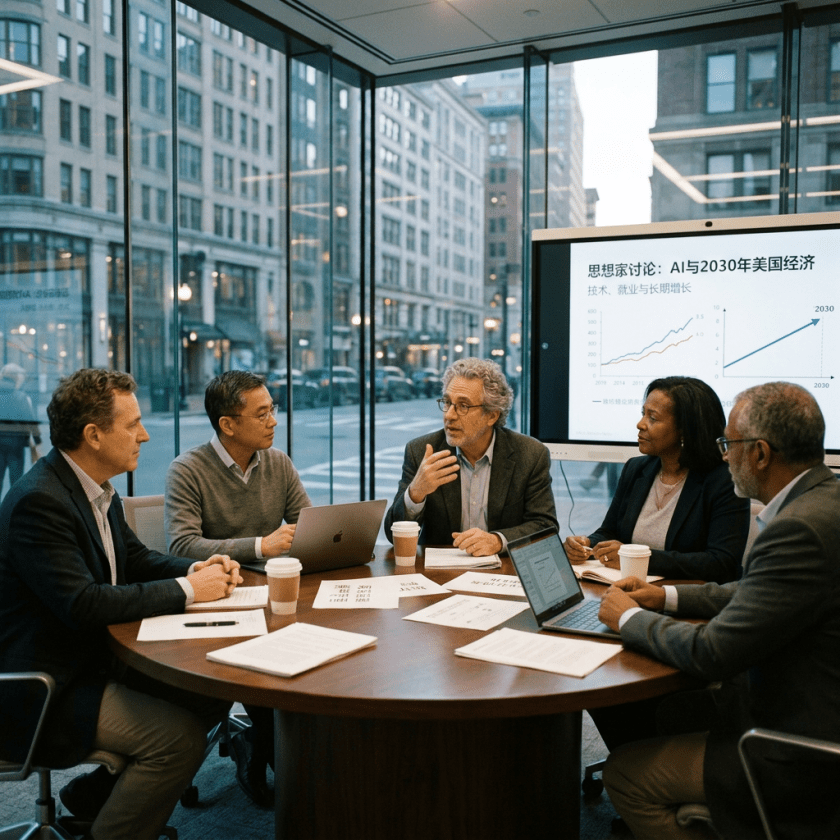 Five professionals in a meeting room discussing AI economic projections with charts on a screen