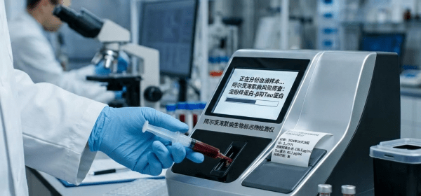 Scientist inserting blood sample into Alzheimer's biomarker detector in laboratory