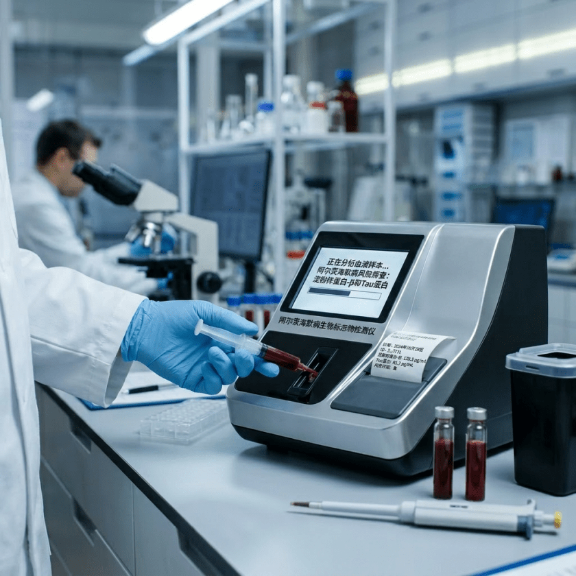Scientist inserting blood sample into Alzheimer's biomarker detector in laboratory