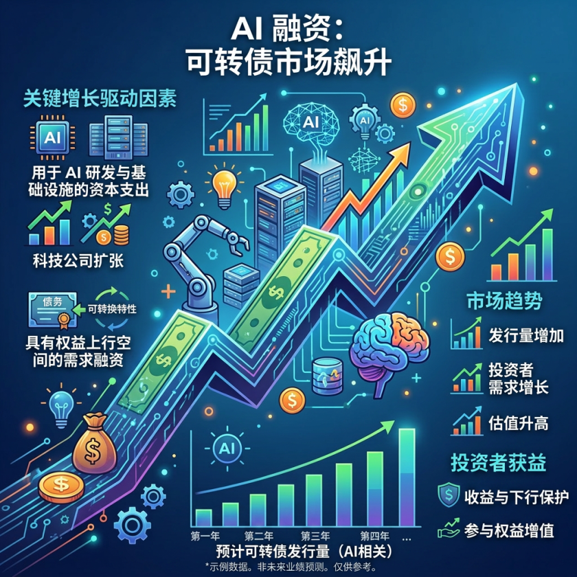 Infographic showing key growth drivers, market trends, and investor benefits of AI convertible bond market surge