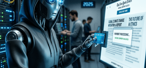 Robot in hoodie using a credit card on a computer screen to unlock content