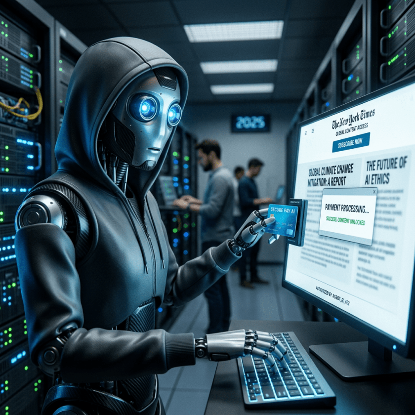 Robot in hoodie using a credit card on a computer screen to unlock content
